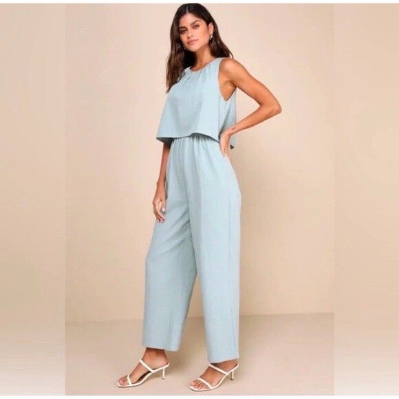 Lulus Breezy Sophistication Sage Green Textured Wide  Leg Jumpsuit NWT Size S - Picture 3 of 10